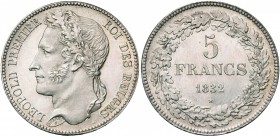 BELGIQUE, Royaume, Léopold Ier (1831-1865), AR 5 francs, 1832. Premier type à la tête laurée. Pos. B. Tranche inscrite en creux. Bogaert 8B. Rare Sple...