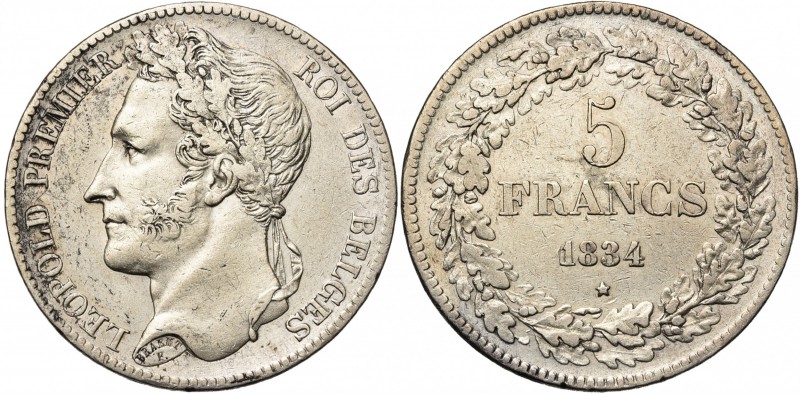 BELGIQUE, Royaume, Léopold Ier (1831-1865), AR 5 francs, 1834. Pos. B. Bogaert 8...