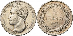BELGIQUE, Royaume, Léopold Ier (1831-1865), AR 5 francs, 1847. Deuxième type à la tête laurée, avec tranche en relief. Dupriez 344. Petit coup sur la ...