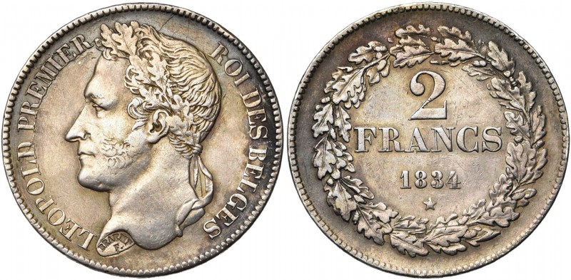 BELGIQUE, Royaume, Léopold Ier (1831-1865), AR 2 francs, 1834. Pos. B. Lettres i...