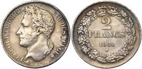 BELGIQUE, Royaume, Léopold Ier (1831-1865), AR 2 francs, 1834. Pos. B. Lettres inclinées à d. Bogaert 89B1. Rare.
TB/TB à SUP