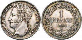 BELGIQUE, Royaume, Léopold Ier (1831-1865), AR 1 franc, 1833. Dupriez 33. Rare Belle patine.
SUP