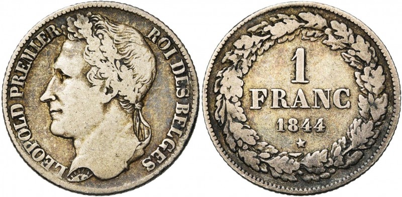 BELGIQUE, Royaume, Léopold Ier (1831-1865), AR 1 franc, 1844. Larges cannelures....