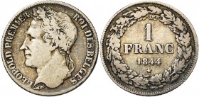 BELGIQUE, Royaume, Léopold Ier (1831-1865), AR 1 franc, 1844. Larges cannelures. Bogaert 211B.
B à TB