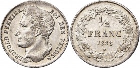BELGIQUE, Royaume, Léopold Ier (1831-1865), AR 1/2 franc, 1838. Dupriez 159. Légères traces d''ajustage au revers.
SUP