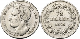 BELGIQUE, Royaume, Léopold Ier (1831-1865), AR 1/2 franc, 1843. Dupriez 202. Rare Nettoyé.
pr. TB