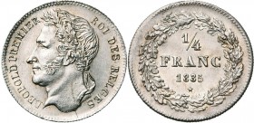 BELGIQUE, Royaume, Léopold Ier (1831-1865), AR 1/4 de franc, 1835. Sans signature. Dupriez 130 var.; Bogaert -. Rare Fines brisures du coin au droit....