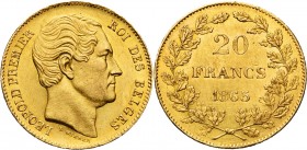 BELGIQUE, Royaume, Léopold Ier (1831-1865), AV 20 francs, 1865. Pos. A, L WIENER, la 1e feuille du rameau de d. sur la 2e. Bogaert 924B.
SUP