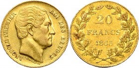 BELGIQUE, Royaume, Léopold Ier (1831-1865), AV 20 francs, 1865. Pos. B, L WIENER, la 1e feuille du rameau de d. sur la 2e. Bogaert 924D. Bel exemplair...