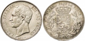BELGIQUE, Royaume, Léopold Ier (1831-1865), AR 5 francs, 1851 (sur 1850). Avec point au-dessus de la date. Bogaert 513C.
TB à SUP