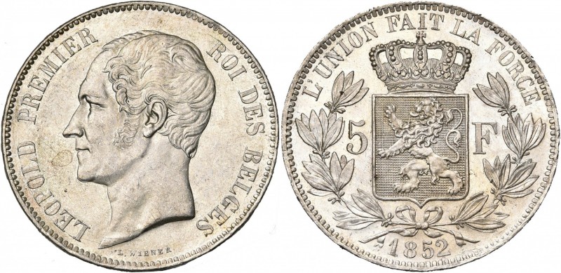 BELGIQUE, Royaume, Léopold Ier (1831-1865), AR 5 francs, 1852. Dupriez 519. Peti...