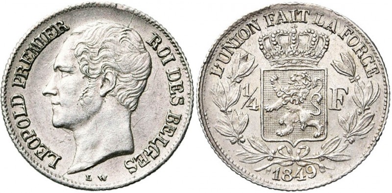 BELGIQUE, Royaume, Léopold Ier (1831-1865), AR 1/4 de franc, 1849. L W sans poin...