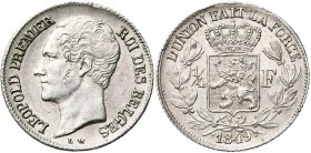 BELGIQUE, Royaume, Léopold Ier (1831-1865), AR 1/4 de franc, 1849. L W sans point. Dupriez 433. Très rare.
pr. SUP