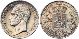 BELGIQUE, Royaume, Léopold Ier (1831-1865), AR 20 centimes, 1853. LW sans point. Bogaert 543B.
SUP à FDC