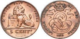 BELGIQUE, Royaume, Léopold Ier (1831-1865), Cu 5 centimes, 1855. Petite date. Bogaert 565A. Rare Nettoyé.
B à TB
