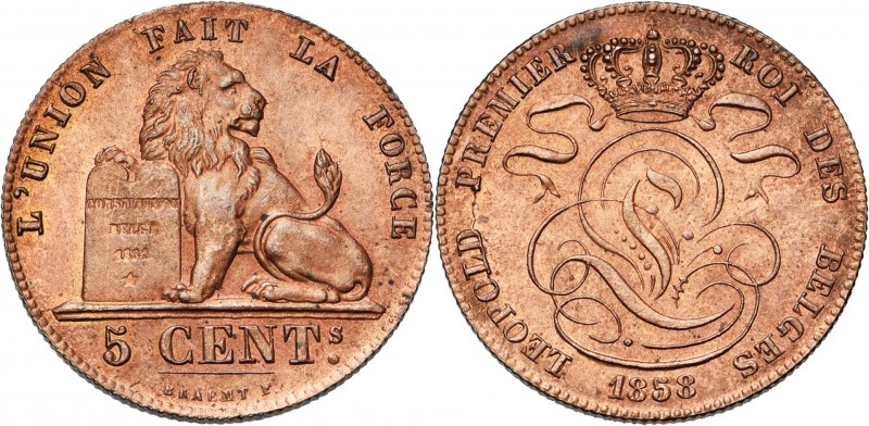 BELGIQUE, Royaume, Léopold Ier (1831-1865), Cu 5 centimes, 1858. Avec croix sur ...