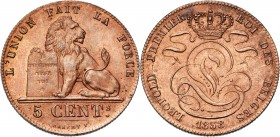BELGIQUE, Royaume, Léopold Ier (1831-1865), Cu 5 centimes, 1858. Avec croix sur la couronne. Bogaert 607B. Petites taches.
SUP