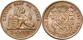 BELGIQUE, Royaume, Léopold Ier (1831-1865), Cu 2 centimes, 1836. BRAEMT F sans point. Surfrappé sur 1 cent néerlandais. Bogaert 138B.
SUP