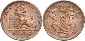 BELGIQUE, Royaume, Léopold Ier (1831-1865), Cu 1 centime, 1836. Surfrappé sur un 1/2 cent néerlandais. Dupriez 142.
SUP à FDC