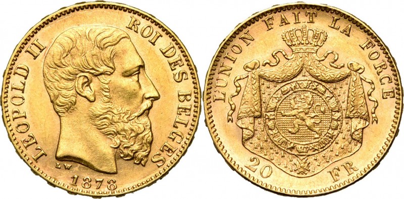 BELGIQUE, Royaume, Léopold II (1865-1909), AV 20 francs, 1878. Dupriez 1210.
SU...