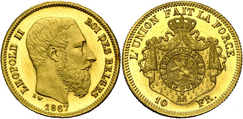 BELGIQUE, Royaume, Léopold II (1865-1909), AV 10 francs, 1867. Or jaune. Tranche...