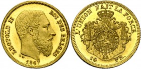BELGIQUE, Royaume, Léopold II (1865-1909), AV 10 francs, 1867. Or jaune. Tranche cannelée. Dupriez 1054; Fr. 9. Très rare Fine griffe au droit. Frappe...