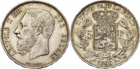 BELGIQUE, Royaume, Léopold II (1865-1909), AR 5 francs, 1866. F. avec point. Bogaert 1005B. Rare Coup sur la tranche.
TB