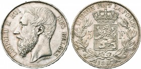 BELGIQUE, Royaume, Léopold II (1865-1909), AR 5 francs, 1867. F. avec point. Grande tête et signature le long du cou. Bogaert 1074B. Rare Petits coups...