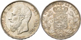 BELGIQUE, Royaume, Léopold II (1865-1909), AR 5 francs, 1871. Dupriez 1131.
pr. FDC