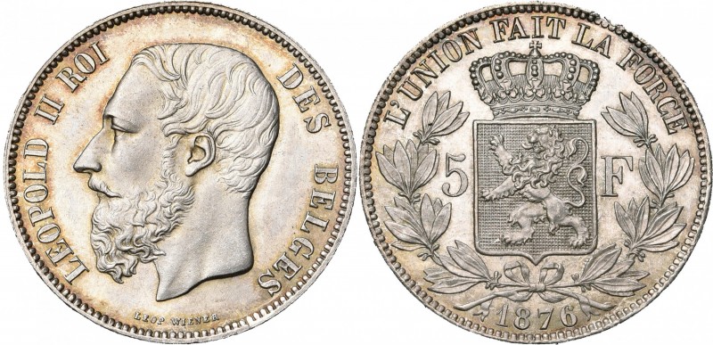 BELGIQUE, Royaume, Léopold II (1865-1909), AR 5 francs, 1876. Dupriez 1198. Lége...