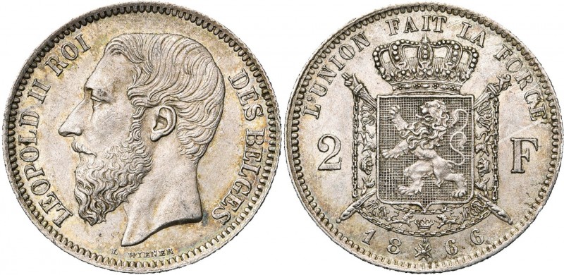 BELGIQUE, Royaume, Léopold II (1865-1909), AR 2 francs, 1866. Type A. Avec croix...