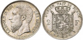 BELGIQUE, Royaume, Léopold II (1865-1909), AR 2 francs, 1866. Type A. Avec croix sur la couronne. Dupriez 1036.
SUP