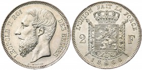 BELGIQUE, Royaume, Léopold II (1865-1909), AR 2 francs, 1866. Type A. Sans croix sur la couronne. Dupriez -; Bogaert -. Rare.
SUP à FDC