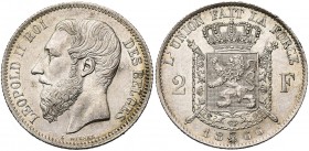 BELGIQUE, Royaume, Léopold II (1865-1909), AR 2 francs, 1866. Type C. Avec quadrillage de l''écu inversé au revers. Dupriez -; Bogaert -. Très rare.
...
