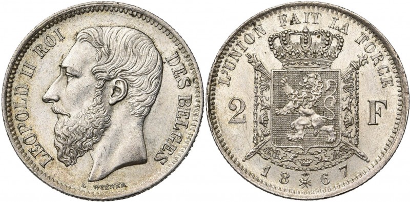 BELGIQUE, Royaume, Léopold II (1865-1909), AR 2 francs, 1867. Type A. Sans croix...