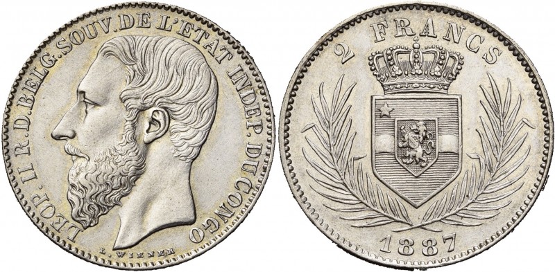 CONGO, Etat Indépendant, Léopold II (1885-1908), AR 2 francs, 1887. Dupriez 17....