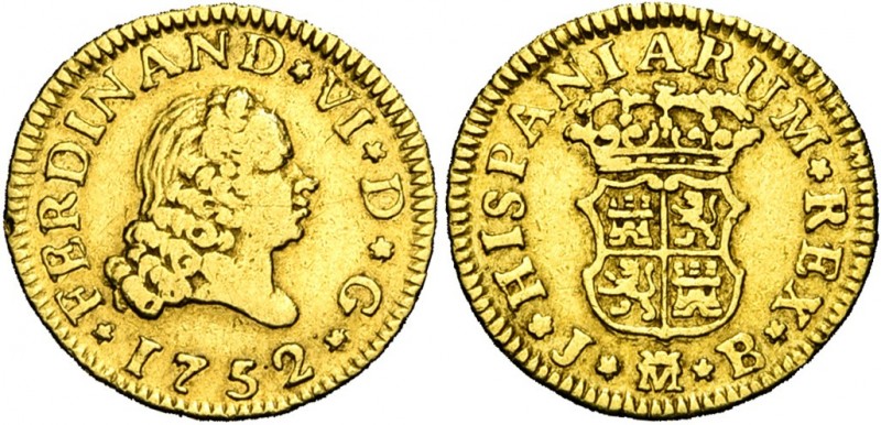 ESPAGNE, Ferdinand VI (1746-1759), AV 1/2 escudo, 1752JB, Madrid. D/ T. à d. R/ ...