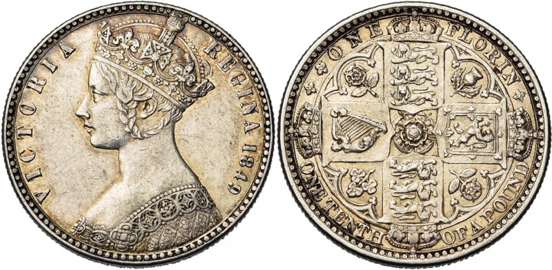 GRANDE-BRETAGNE, Victoria (1837-1901), AR florin, 1849. "Godless" type. S. 3890....