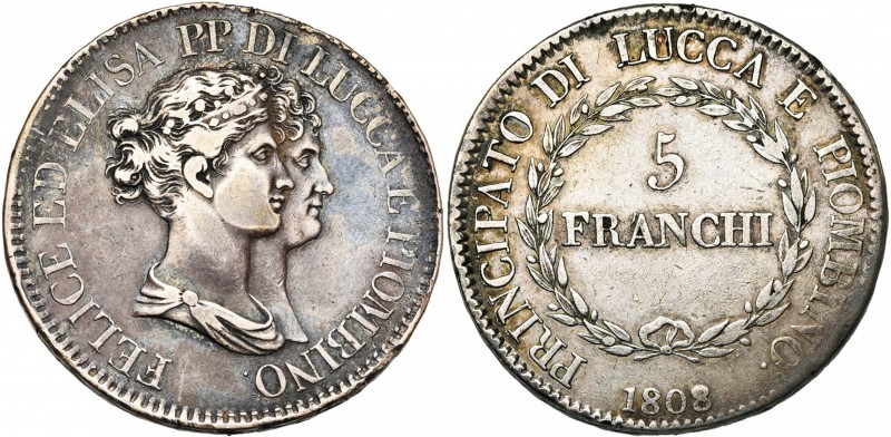 ITALIE, LUCQUES et PIOMBINO, Elisa et Félix (1805-1814), AR 5 franchi, 1808 sur ...