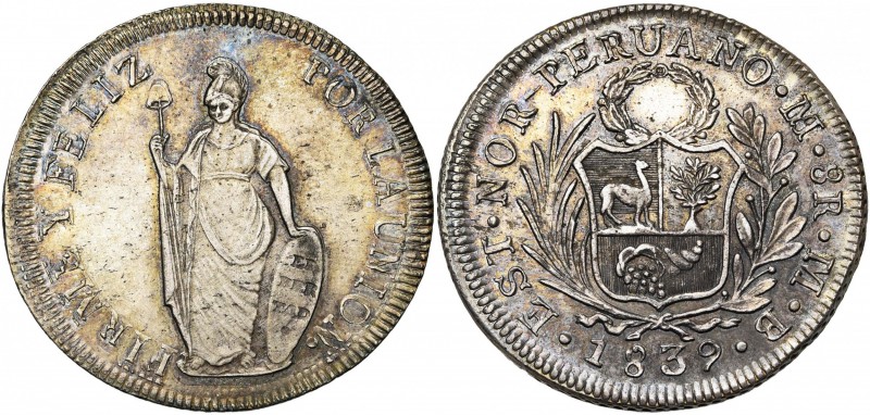 PEROU, République, AR 8 reales, 1839MB, Lima. K.M. 142.3. Belle patine.
TB à SU...