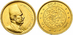 EGYPT, Kingdom, Fuad I (AD 1922-1936/AH 1340-1355) AV 100 piastres, 1922. Red gold. Fr. 102.
TB