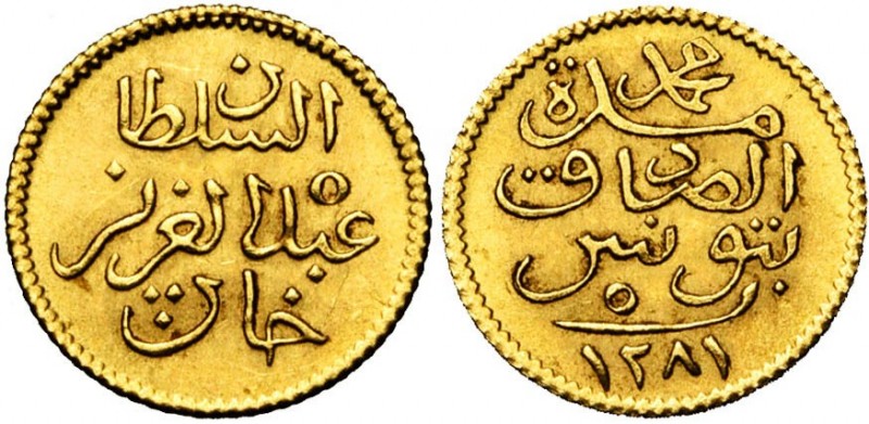 TUNISIA, Abdul Aziz with Muhammad al-Sadiq Bey (1860-1876), AV 5 piastres, AH 12...