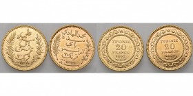 TUNISIA, French Protectorate, lot of 2 pcs: 20 francs 1892A, 1904A.
TB