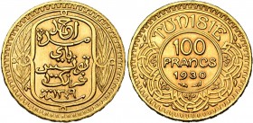 TUNISIA, French Protectorate, Ahmad Pasha Bey (AD 1929-1942/AH 1348-1361) AV 100 francs, AH 1349/1930 AD. Lecompte 489; Fr. 14.
SUP