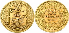TUNISIA, French Protectorate, Ahmad Pasha Bey (AD 1929-1942/AH 1348-1361) AV 100 francs, AH 1351/1932 AD. Lecompte 491; Fr. 14.
SUP