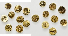 INDIA, lot of 9 gold fanams: Cochin, Viraraya fanam, 1600-1750 (4); Late Malabar, Viraraya fanam, n.d. (mid-19th century); Marathas of Tanjore, anonym...