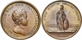 FRANCE, AE médaille, 1646, Mauger. Prise de Dunkerque par le duc d''Enghien. D/ T. enfantine de Louis XIV à d. R/ VIRES HOSTIVM NAVALES ACCISAE La Fra...