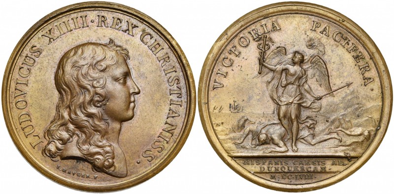 FRANCE, AE médaille, 1658, Mauger. Victoire de Turenne à la bataille des Dunes, ...