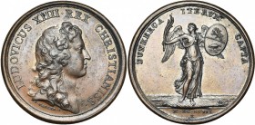 FRANCE, AE médaille, 1658, Mauger. Prise de Dunkerque. D/ B. juvénile de Louis XIV à d. R/ DUNKERCA ITERUM CAPTA Victoire ailée tenant une palme et un...
