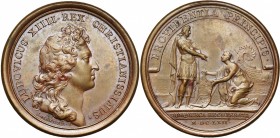 FRANCE, AE médaille, 1662, Mauger. Acquisition de Dunkerque. D/ T. de Louis XIV à d. R/ PROVIDENTIA PRINCIPE La ville de Dunkerque agenouillée devant ...